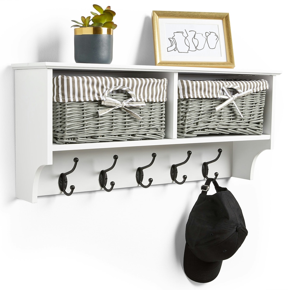 image 1 of VonHaus White Wall Mounted Coat Hooks with Baskets