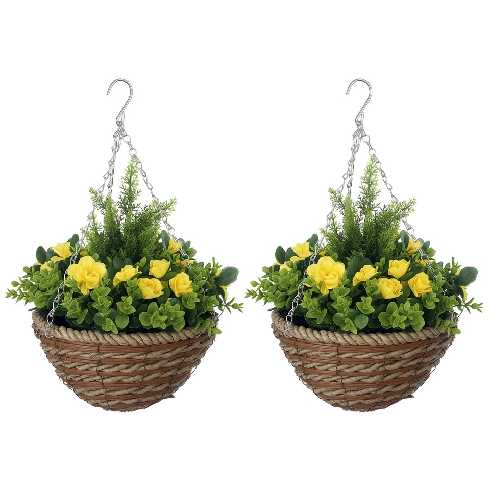image 1 of Outsunny Pack of 2 FauPlant Artificial Lisianthus Flowers Hanging Planter with Basket for Indoor Decoration, Yellow