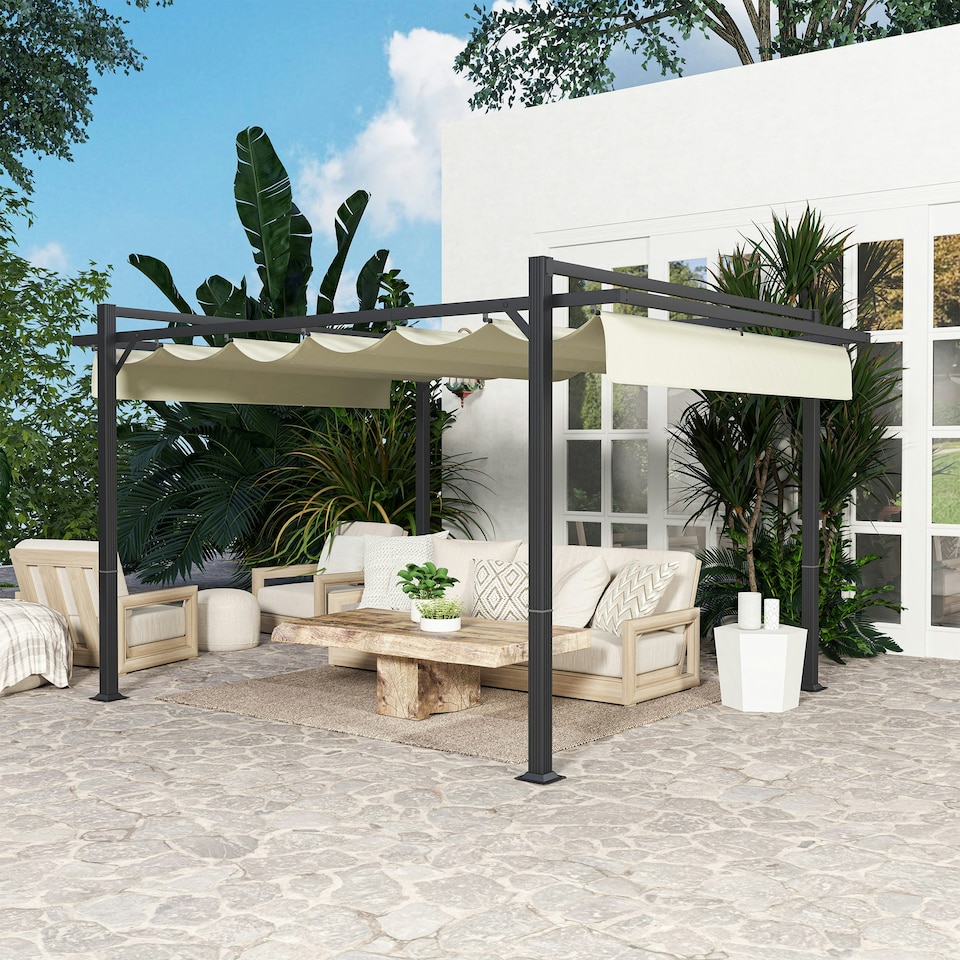 image 1 of Outsunny 3 x 4m Pergola with Retractable Roof and Aluminium Frame, Khaki