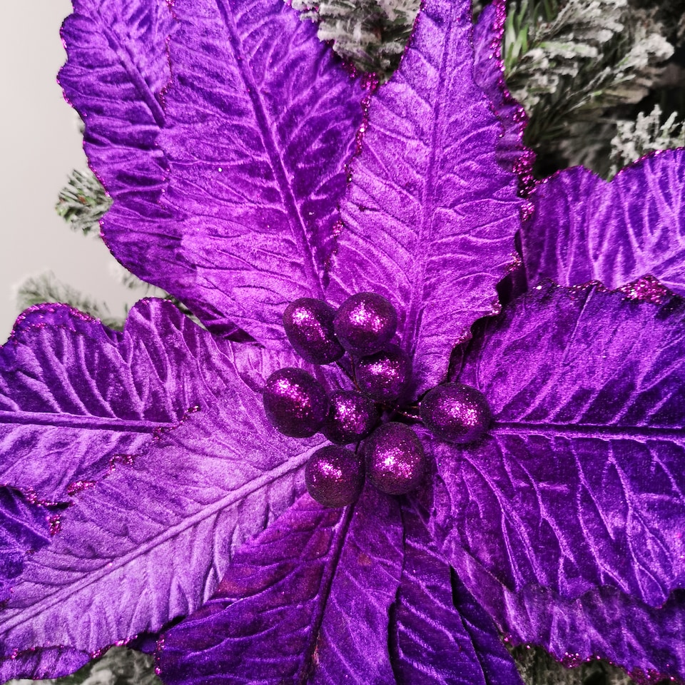 image 1 of 76cm Purple Velvet Poinsettia Stem with Glitter Christmas Decoration