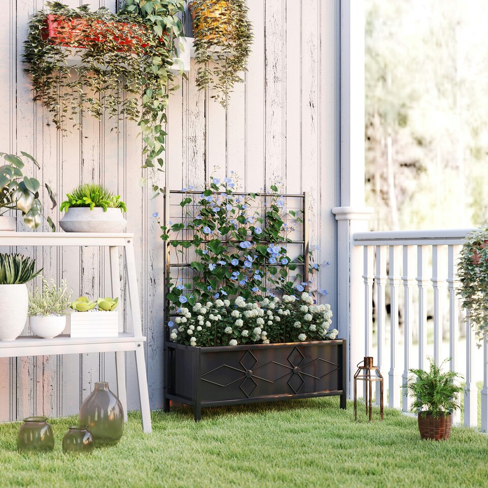 image 1 of Outsunny Garden Raised Bed Planter Box with Trellis, 90 x 40 x 120 cm Black