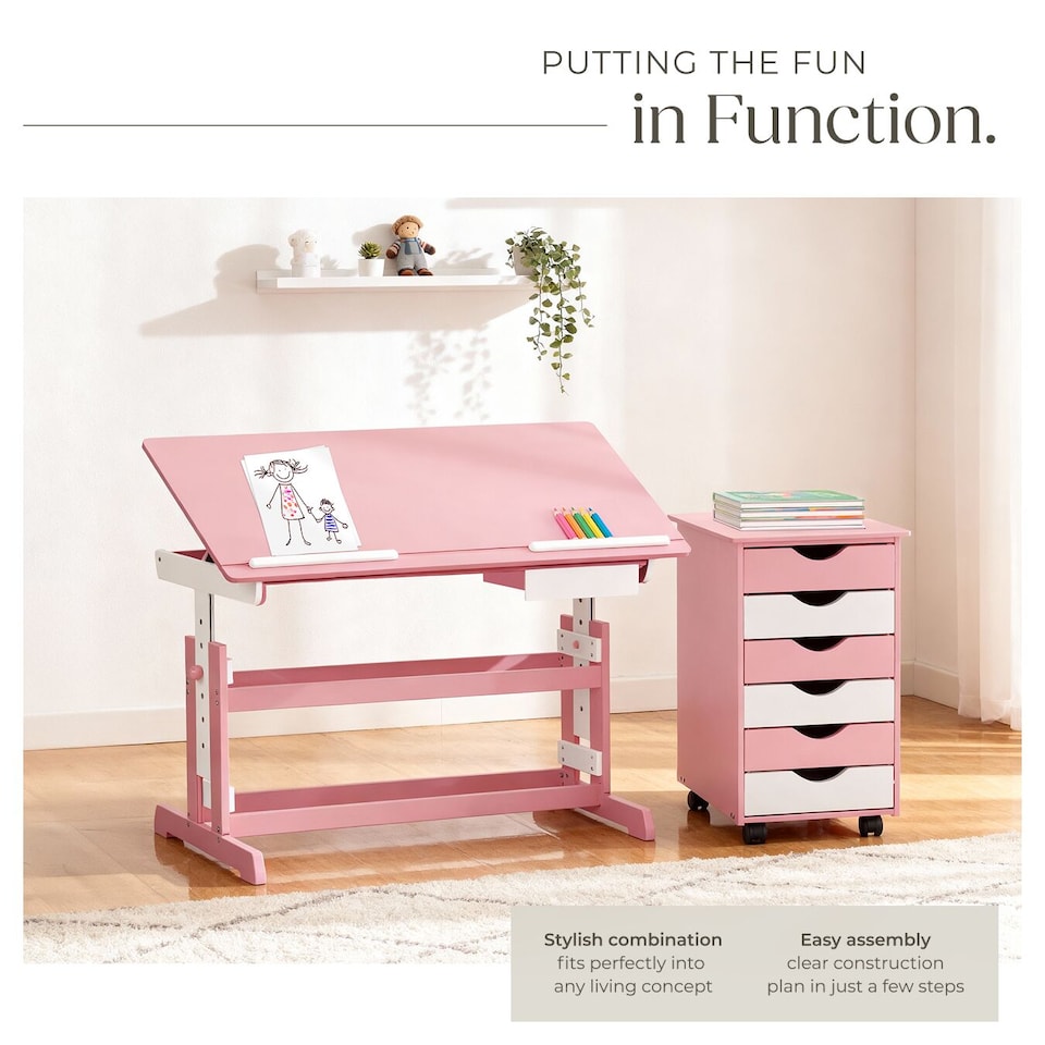 image 1 of Kids Study Desk And Filing Cabinet Set Childrens Play Room Furniture MDF In 2 Colours 7 Step Adjustable Height | Pink | rose | 109 x 55 x 94 cm | 1