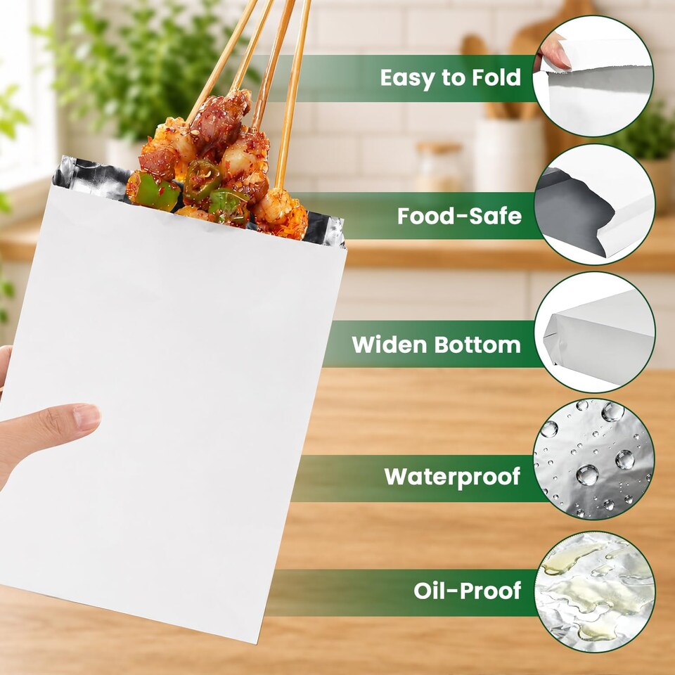 image 1 of ECONX Foil Lined Paper Bags 7 X 9 X 12 Inch Greaseproof Takeaway Bags Leak Resistant Inner Lining 500PK