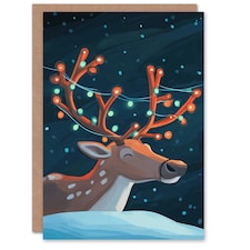 Greeting Card Cute Reindeer With String Lights On Antlers Blank For Him Or Her Art Xmas Christmas Card