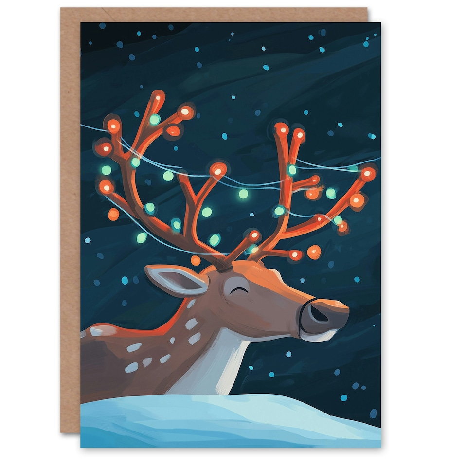 image 1 of Greeting Card Cute Reindeer With String Lights On Antlers Blank For Him Or Her Art Xmas Christmas Card
