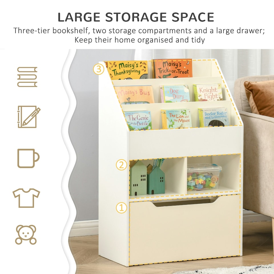 image 1 of HOMCOM Kids Bookcase, Toy Box w/ Storage Drawer, Wheels for Bedroom - Grey
