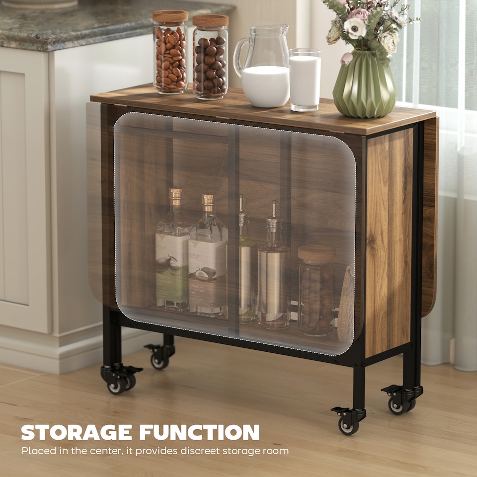 image 1 of HOMCOM Mobile Drop Leaf Table, Folding Dining Table with 6 Wheels & Storage Shelf for Small Spaces, Kitchen, Dining Room, Light Brown