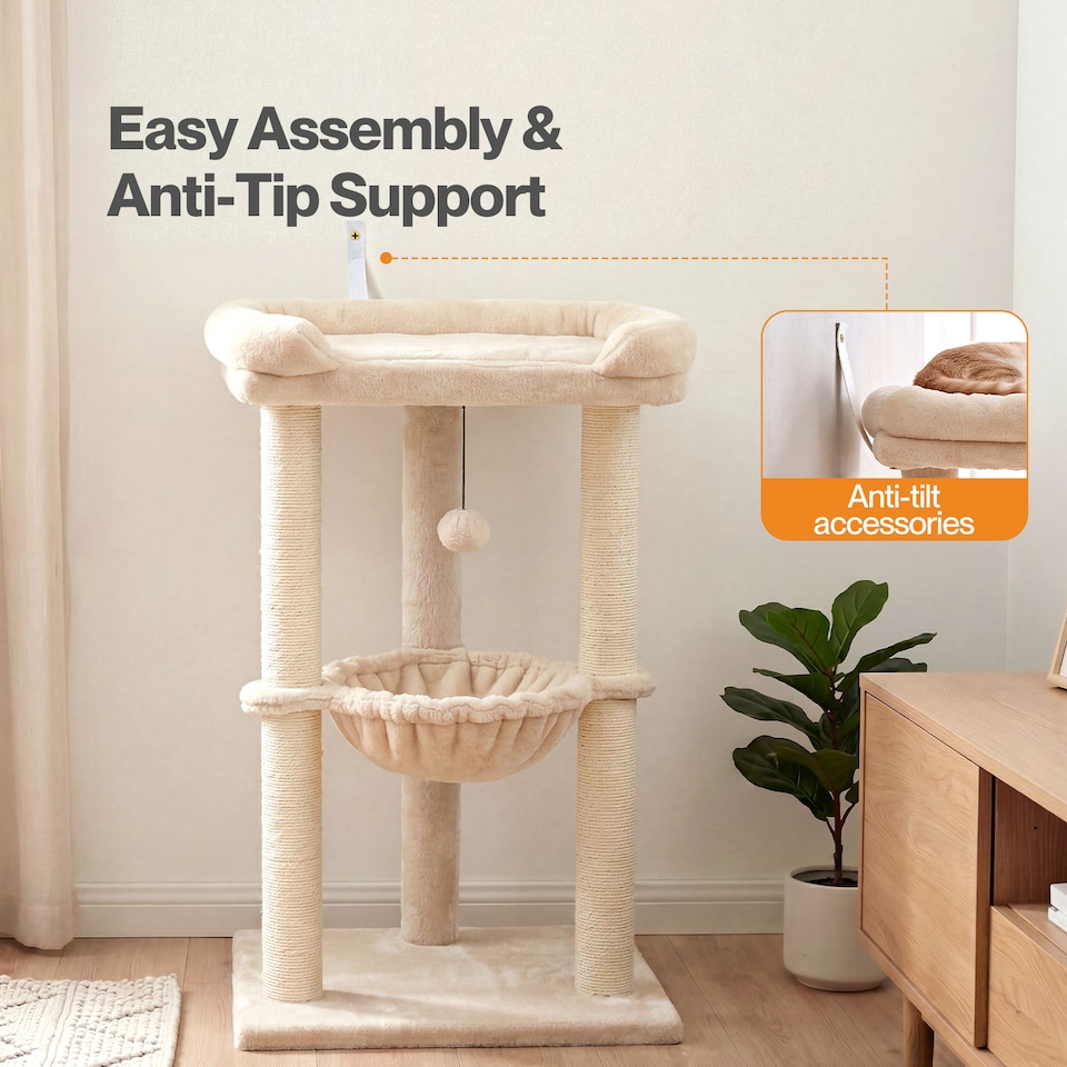 image 1 of Skylos Cat Tree Tower Bed with Hammock Ball Scratching Post Large Perch Beige