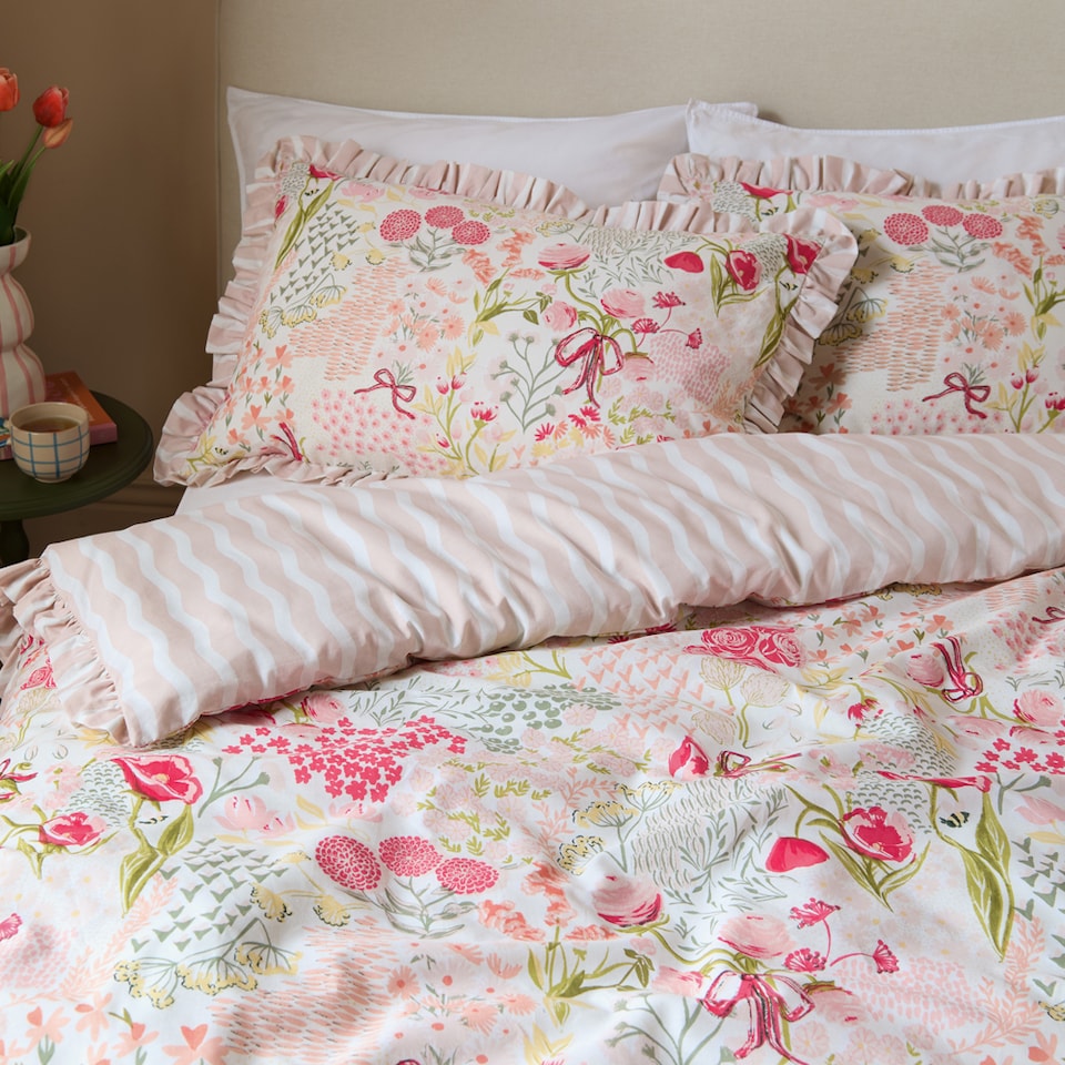 image 1 of Furn Gardenia Reversible Ruffle Duvet Cover Set | Pink | Pink/Pebble | King | 1