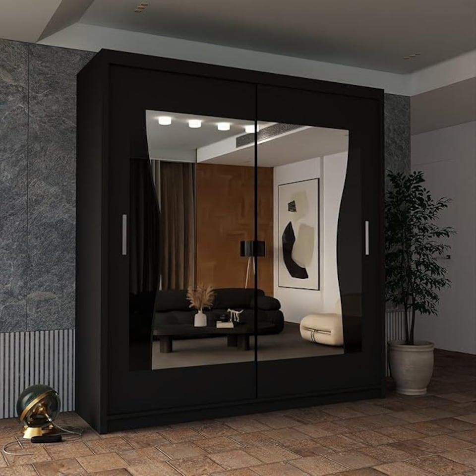 image 1 of Modern Sliding Wardrobe 120cm with Wavy Mirror Design | White, Black, Grey, Oak Finish Black | Black120cm 