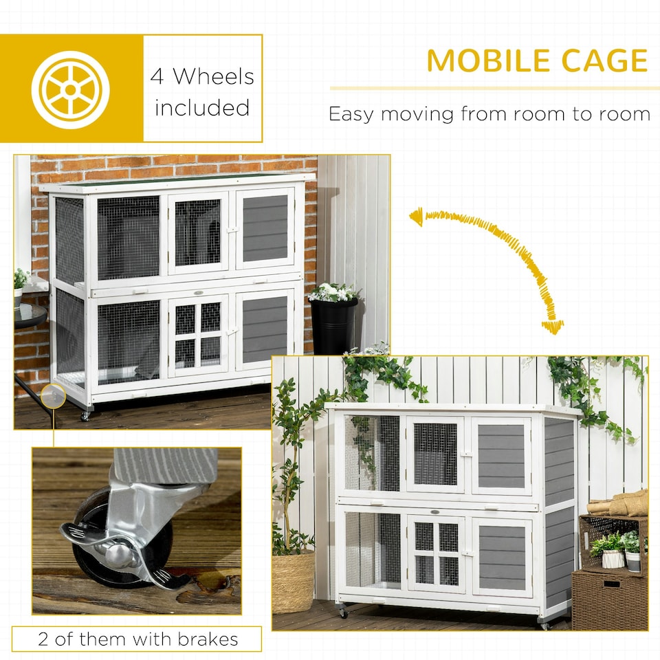image 1 of PawHut Rabbit Hutch, Guinea Pig Cage with Wheels & Slide-out Trays, Grey
