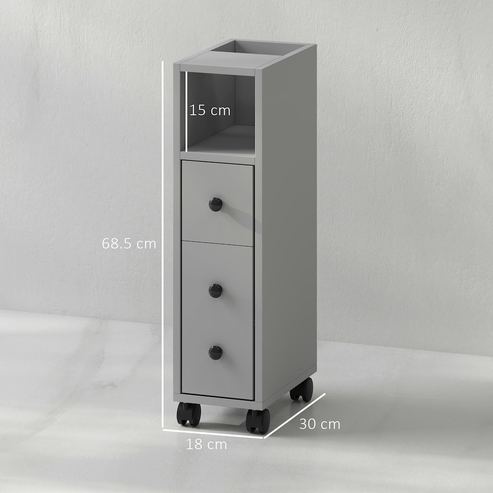 image 1 of kleankin Slim Bathroom Storage with 2 Drawers, 2 Open and Wheels, Grey | Grey | Black handles | Slimline