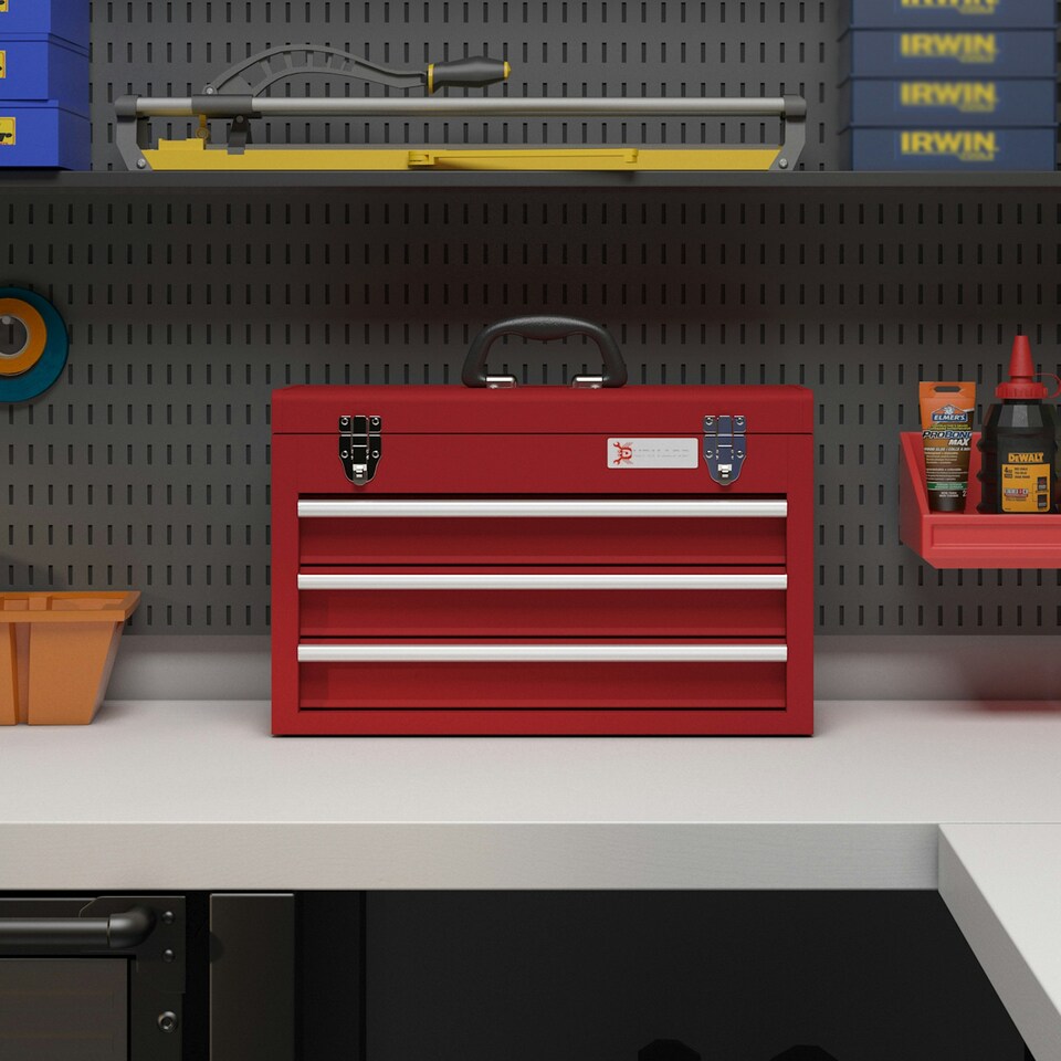 image 1 of DURHAND Lockable 3 Drawer Tool Chest with Ball Bearing Slide Drawers Red | Red | 51L x 22W x 32H cm | 1