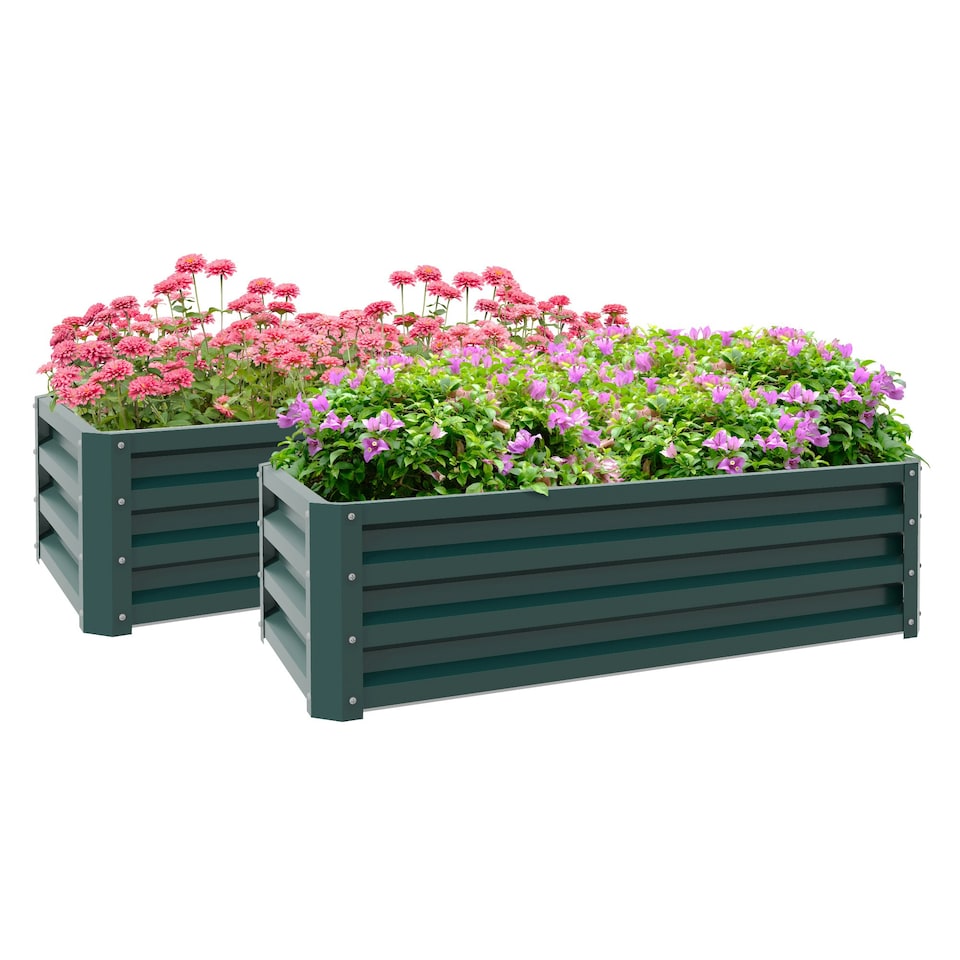image 1 of Outsunny Set of 2 Raised Garden Bed Galvanised Planter Box, Green