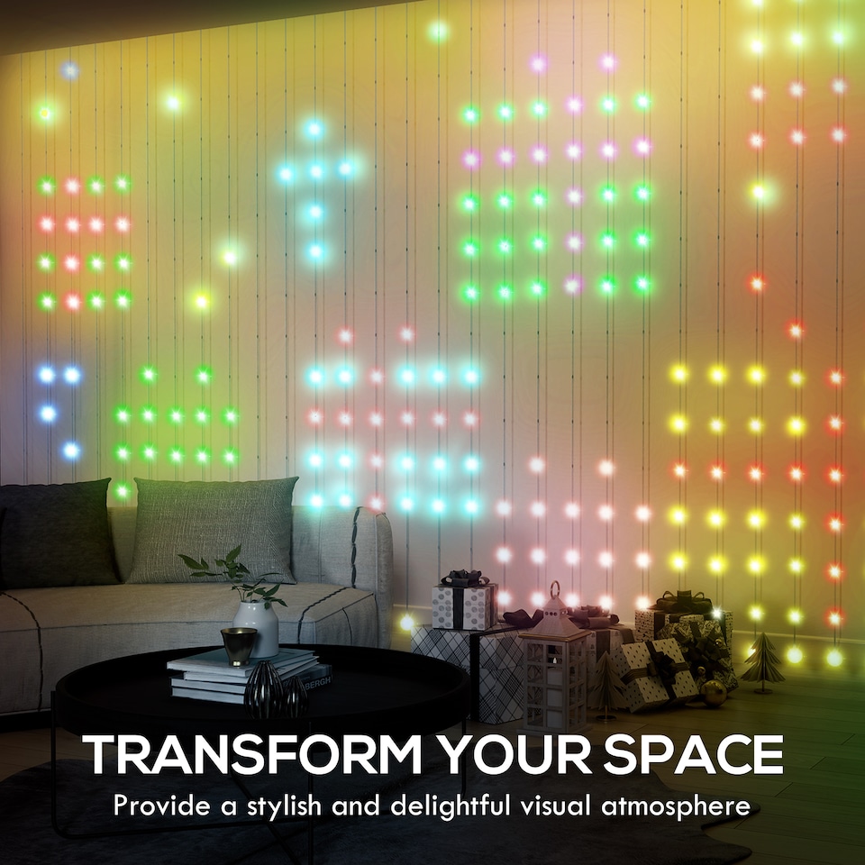 image 1 of HOMCOM LED Curtain Lights, Smart Colour Changing Fairy String Lights with Remote and App, 400 RGBIC LED, Dynamic DIY Hanging, for Bedroom Living Room Wall, 3x3 m