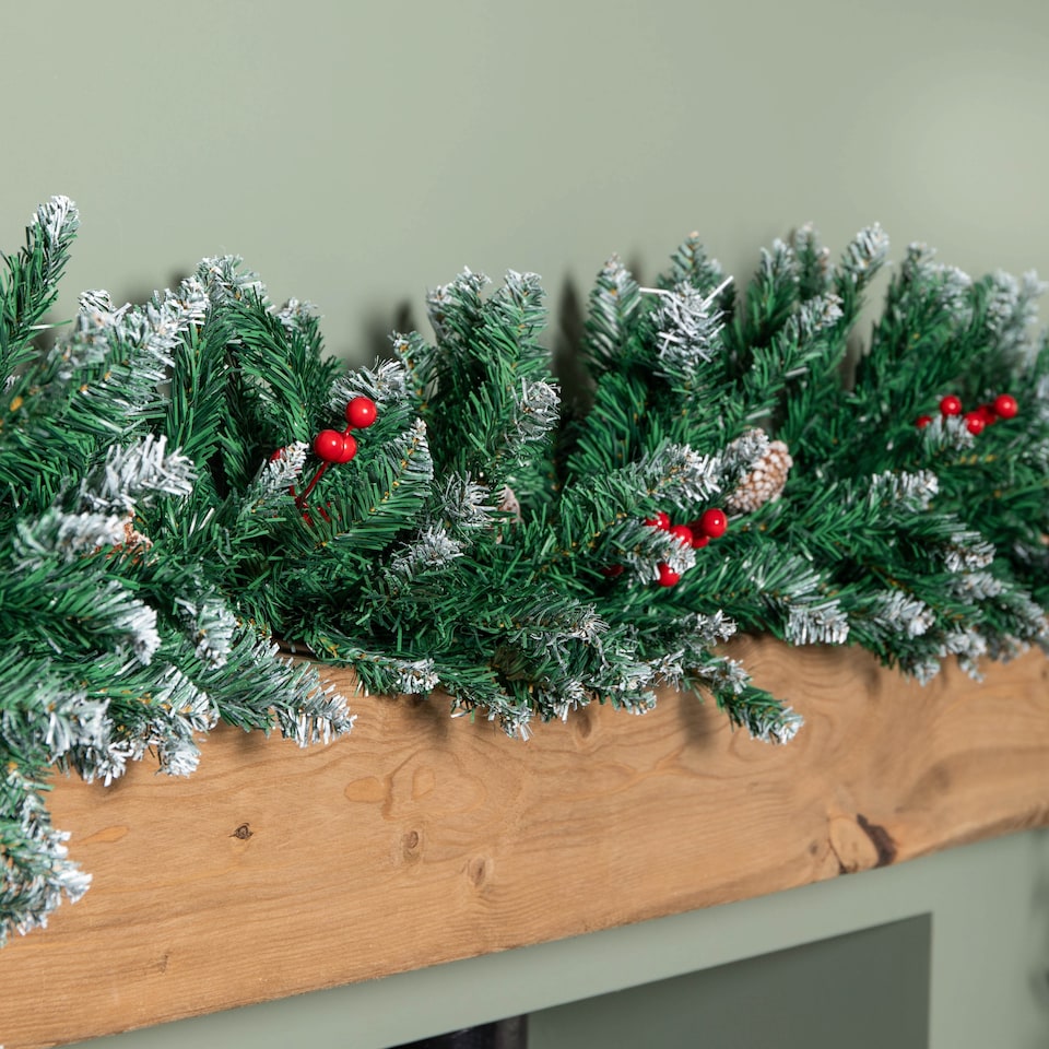 image 1 of 2.7m Snow Tipped Christmas Garland with Red Berries, Cones & Bullet Tips