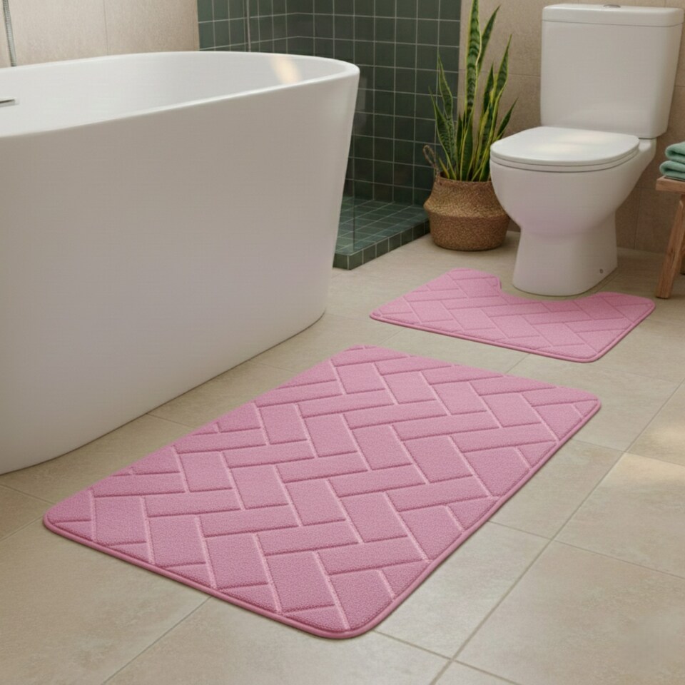 image 1 of 2 Piece Block Design Memory Foam Bath Mat Set Soft Absorbent Non-Slip Bathroom | Pink