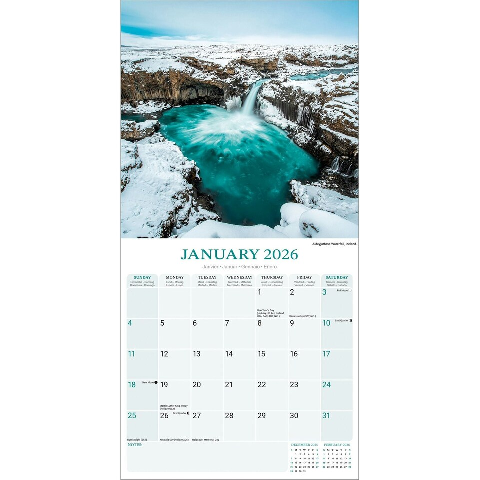 image 1 of Waterfalls 2026 Calendar | Square Wall Calendar | Travel & Nature Gift | Plastic Free Packaging | by Avonside Publishing