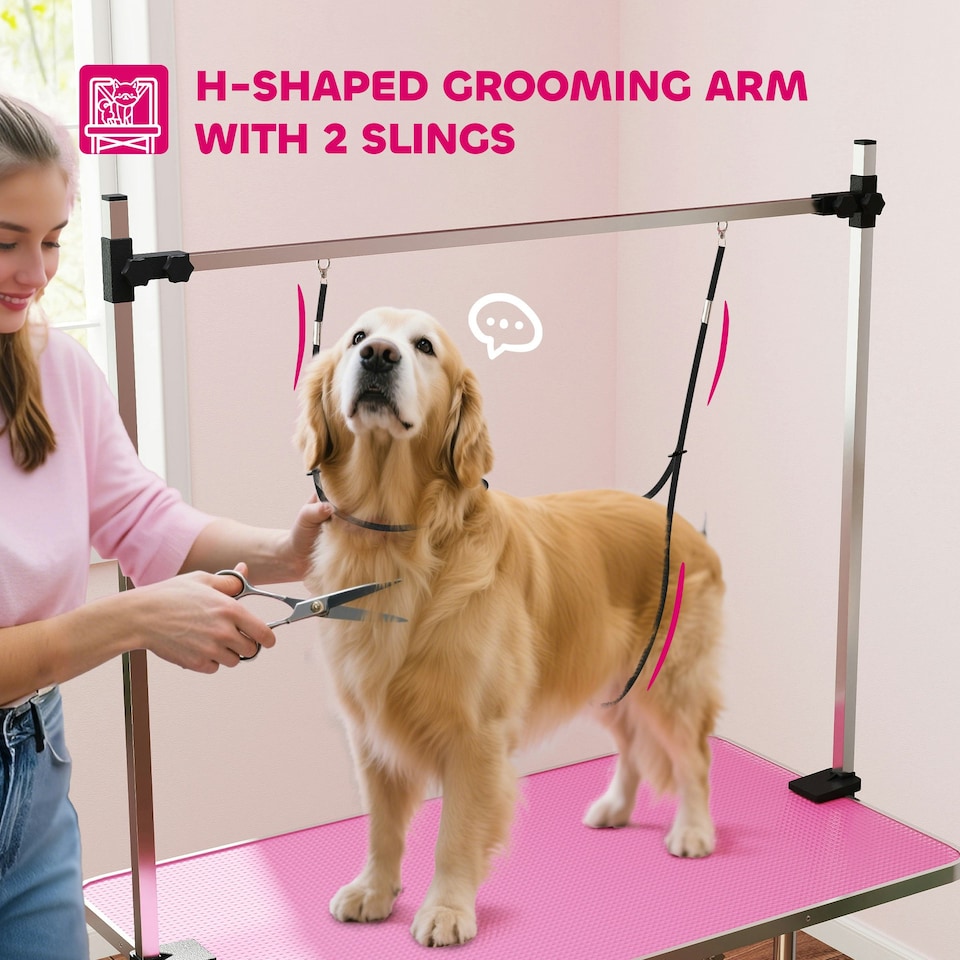 image 1 of PawHut Metal Adjustable Dog Grooming Table Rubber Top 2 Safety Slings Mesh