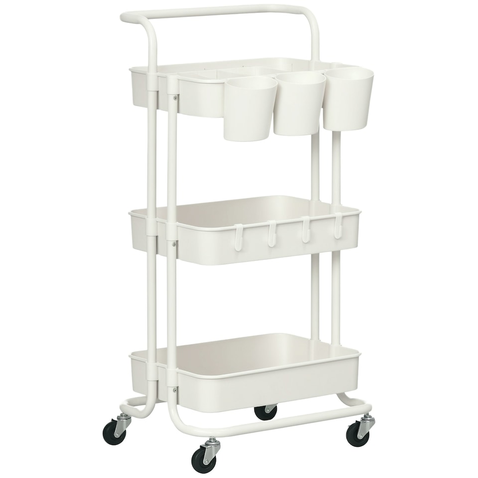image 1 of HOMCOM 3-Tier Utility Cart, Rolling Serving Trolley with Baskets, White