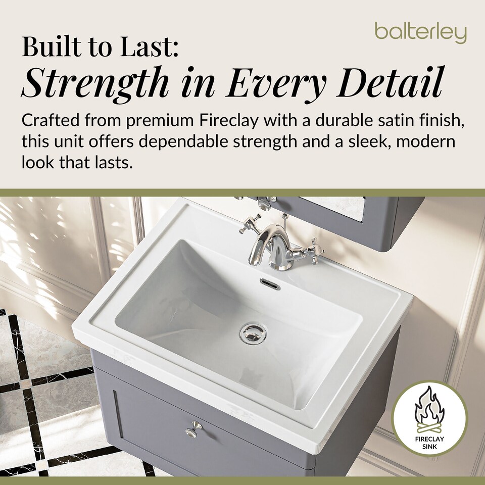 image 1 of Balterley Classic Traditional Bathroom Wall Hung 1-Drawer Vanity Unit & Fireclay Basin | Grey | Satin Grey