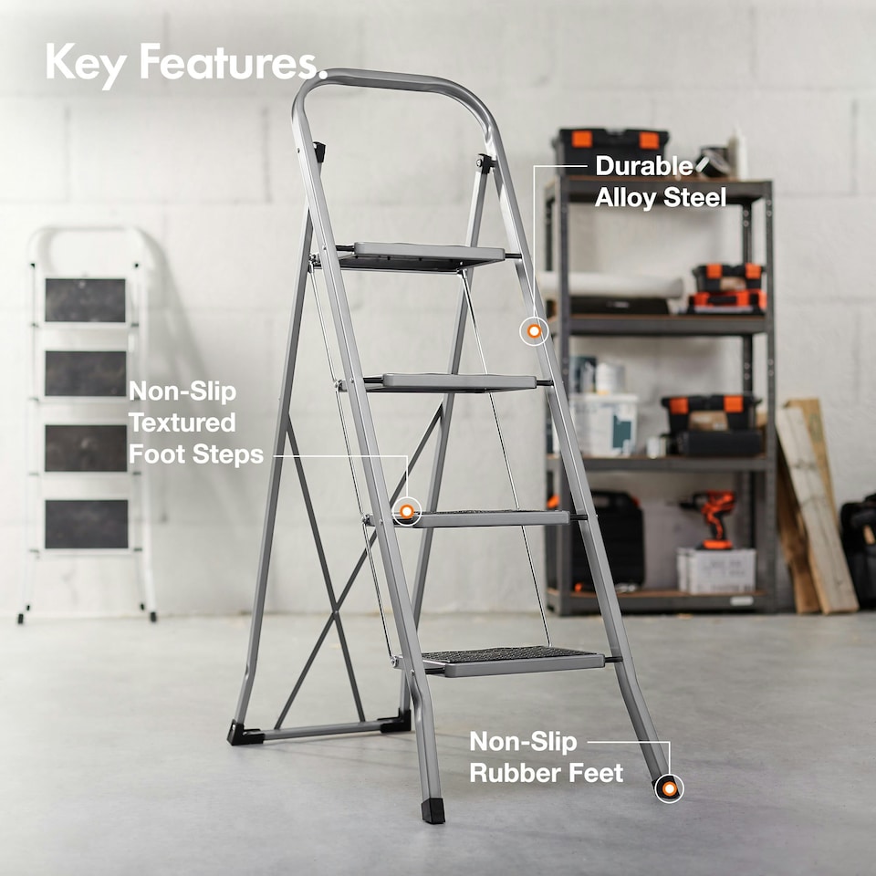 image 1 of VonHaus Steel Folding 4 Step Ladder with Anti Slip Feet