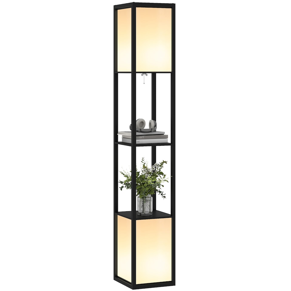 image 1 of HOMCOM Floor Lamp with Shelves and Dual Light, Modern Corner Standing Lamp with TC Fabric Lampshade for Living Room, Bedroom, Bulb not Included, Black