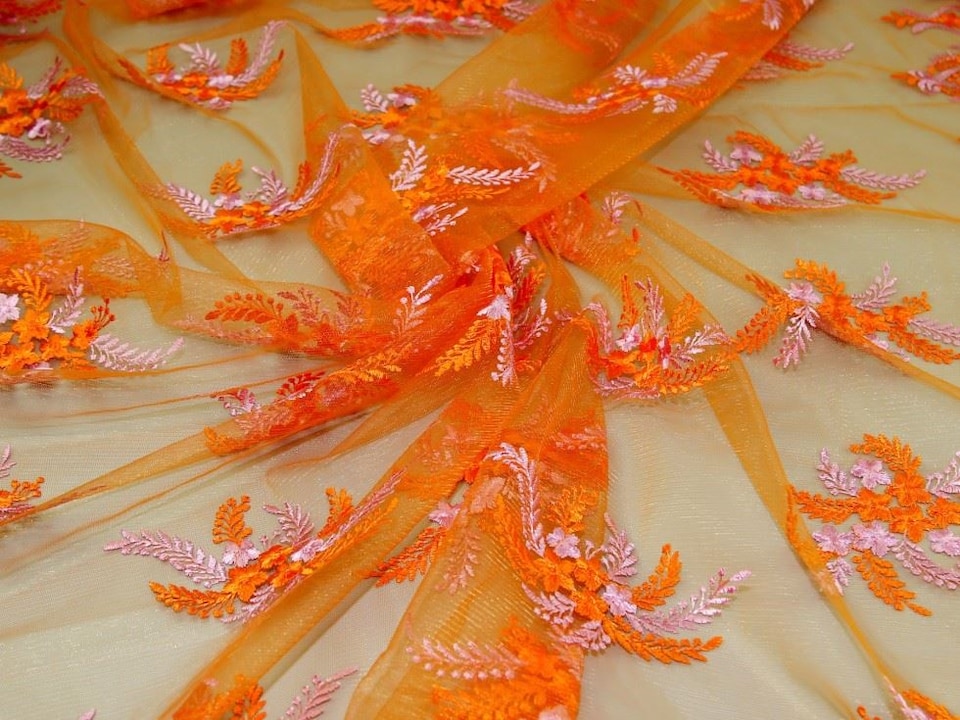 Orange Embroidered Lace Tulle Fabric for Bridal, Dressmaking, 142.5cm / 56" Wide - per metre