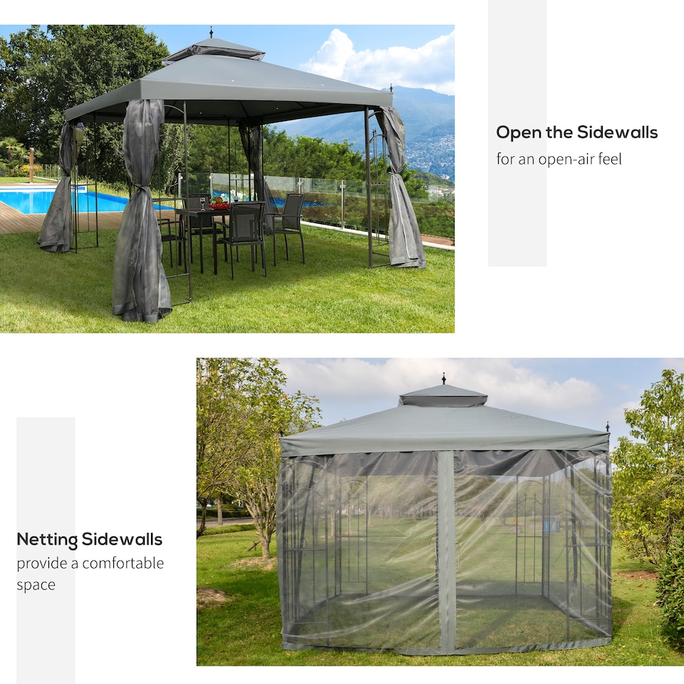 image 1 of Outsunny 3Mx3M Garden Gazebo Double Top Outdoor Canopy Patio Event Party Wedding Tent Backyard Sun Shade with Netting  Grey