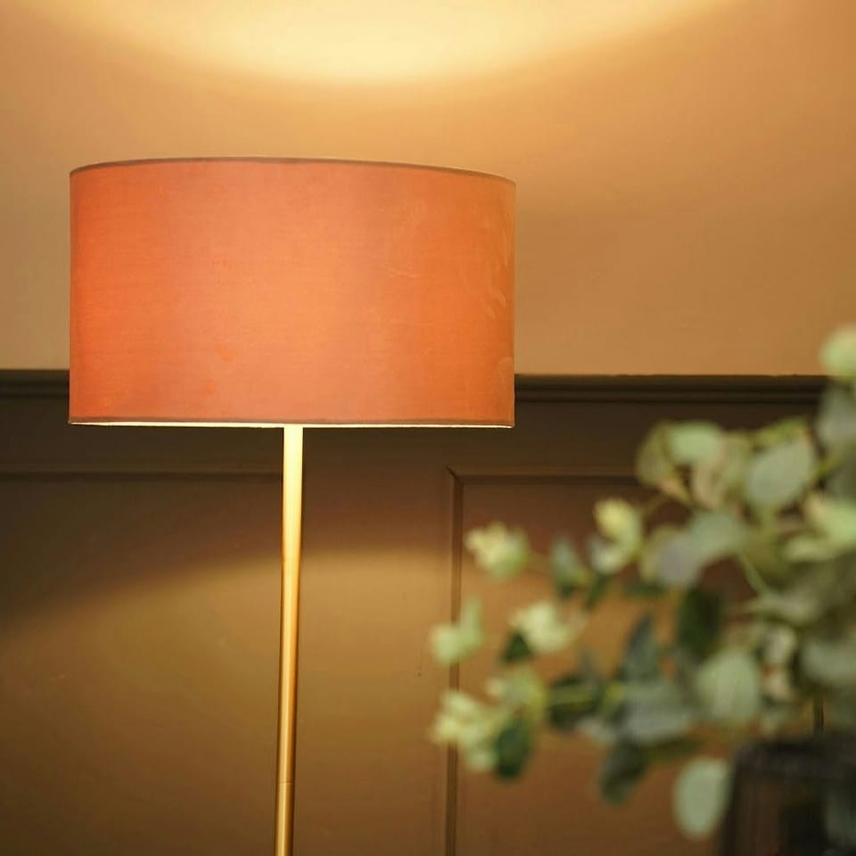 image 1 of ValueLights Tavel Brushed Gold Floor Lamp with Large Pink Drum Shade | Pink