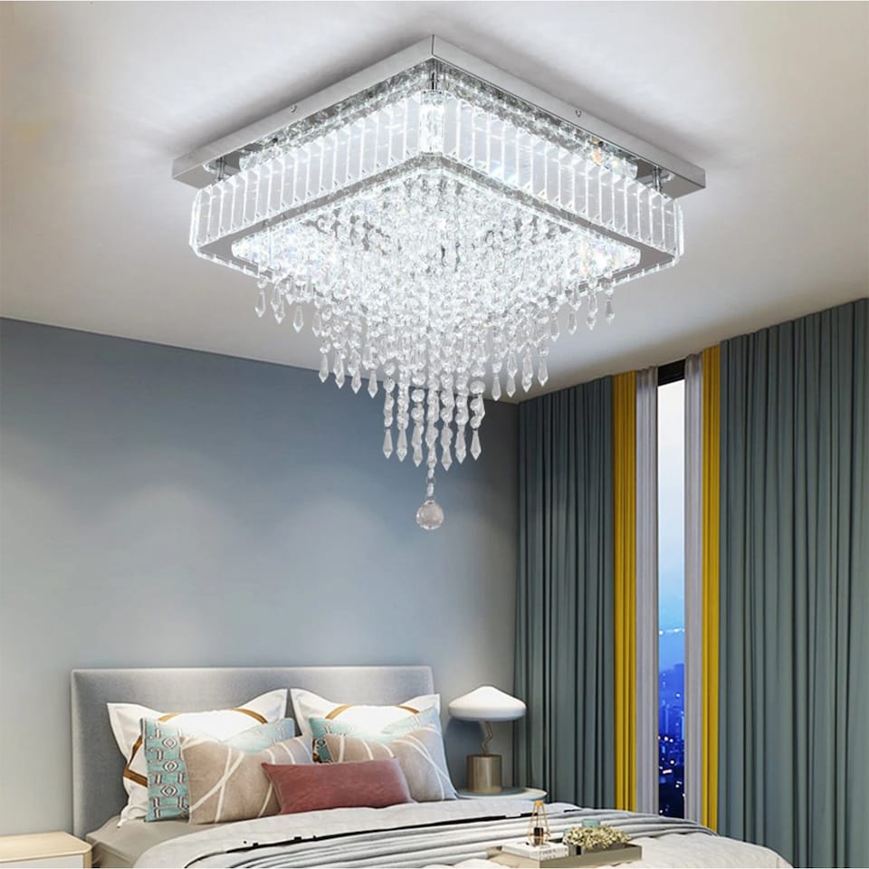image 1 of Crystal Square Chandelier LED Ceiling Light Silver Cool White 45cm