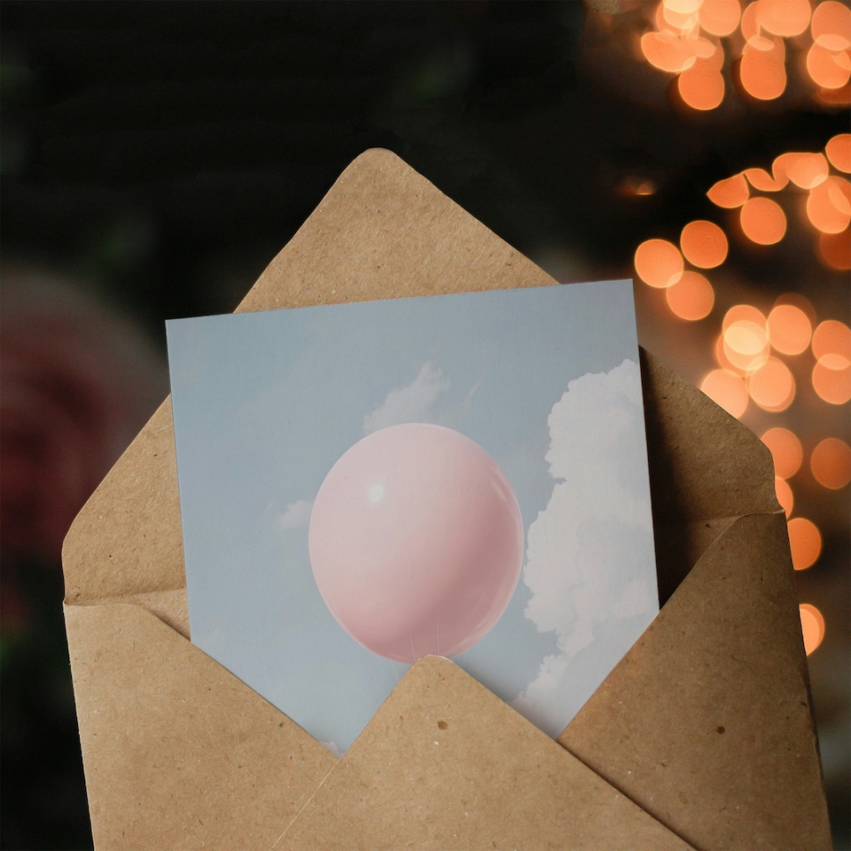 image 1 of Spider Travel Floating in Sky with a Pink Balloon Farewell Greeting Card