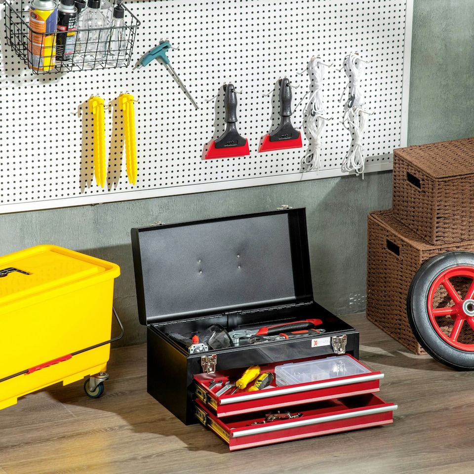 image 1 of DURHAND Lockable 2 Drawer Tool Chest with Ball Bearing Slide Drawers Black Black | Red