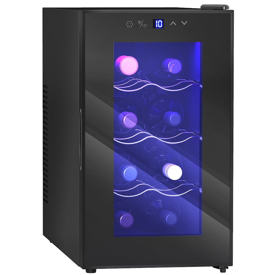 image 1 of HOMCOM Mini Table Top Wine Fridge, 8 Bottle, 17L, 8-18℃, 26.5cm Quiet Under Counter Wine Cooler Fridge with Glass Door, LED Light, Digital Touch Screen, Temperature Control