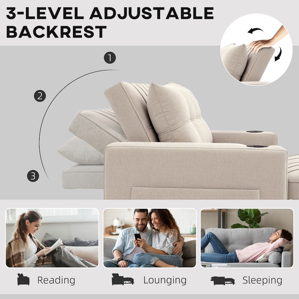 image 1 of HOMCOM 2 Seater Pull Out Sofa Bed with Pockets for Living Room Beige