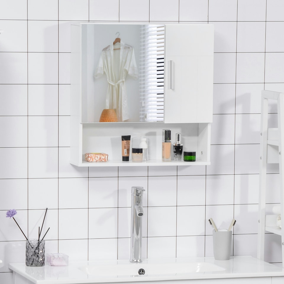 image 1 of kleankin Bathroom Mirror Cabinet Wall Mount Storage Organizer with Door
