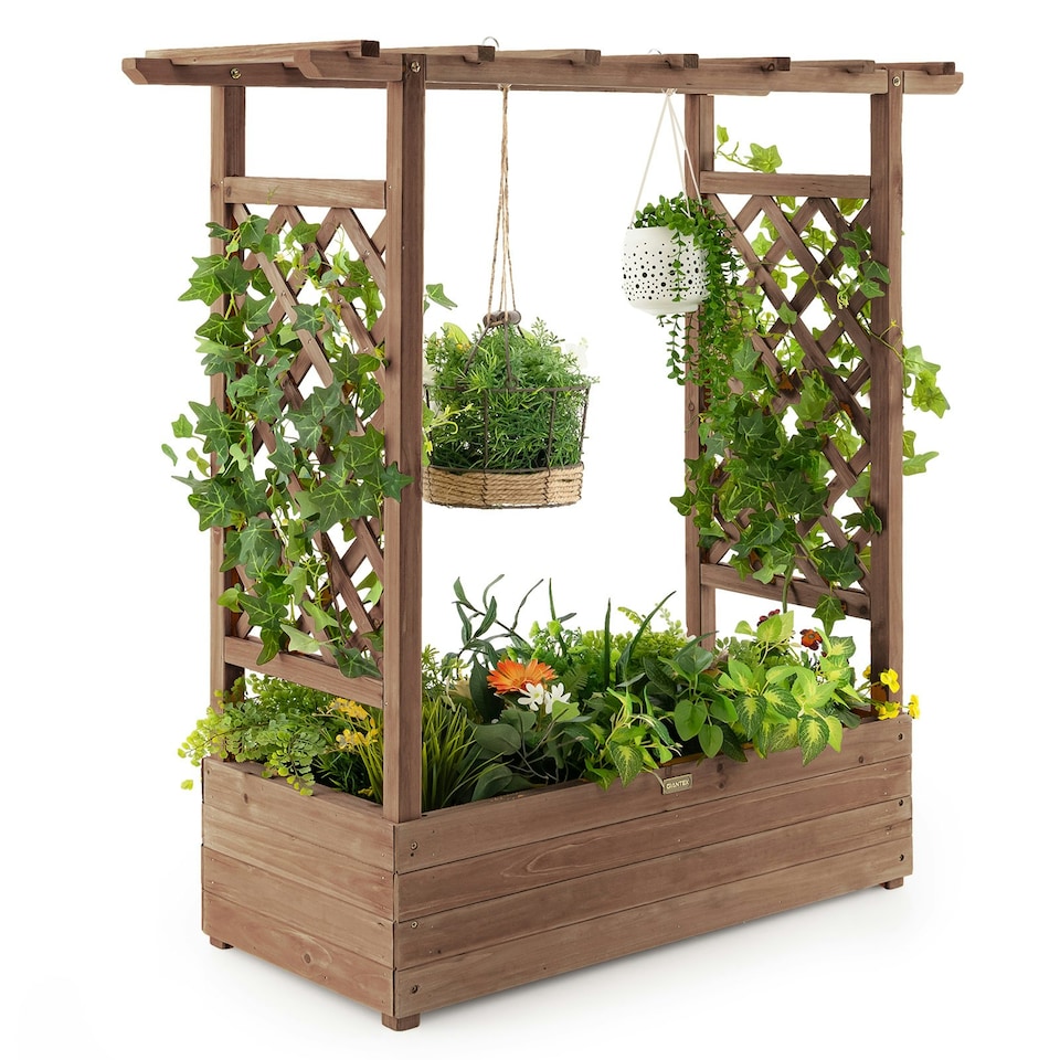 image 1 of COSTWAY Raised Garden Bed Planter Box w/ Trellis Coffee Brown