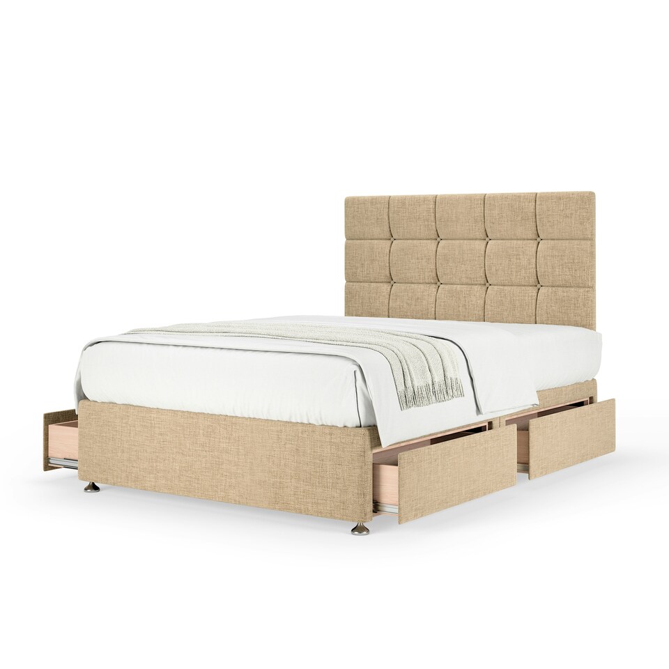 image 1 of Signature Platinum 2000 Pocket Sprung Cream Linen 4 Drawer Divan Set And Pearl Headboard King Size