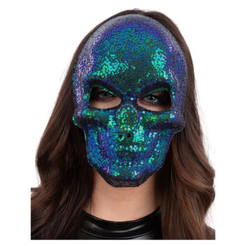 Sequin Skull Two Tone Blue & Green Unisex Fancy Dress Face Mask