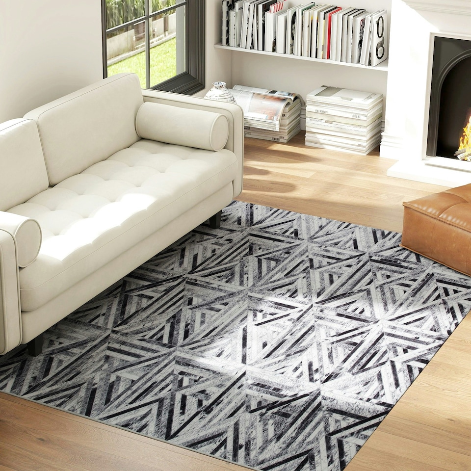 image 1 of HOMCOM Non-Slip Washable Rug, Chenille Floor Carpet for Living Room, Black Black | Cream, Dark Grey | 230 x 160 cm
