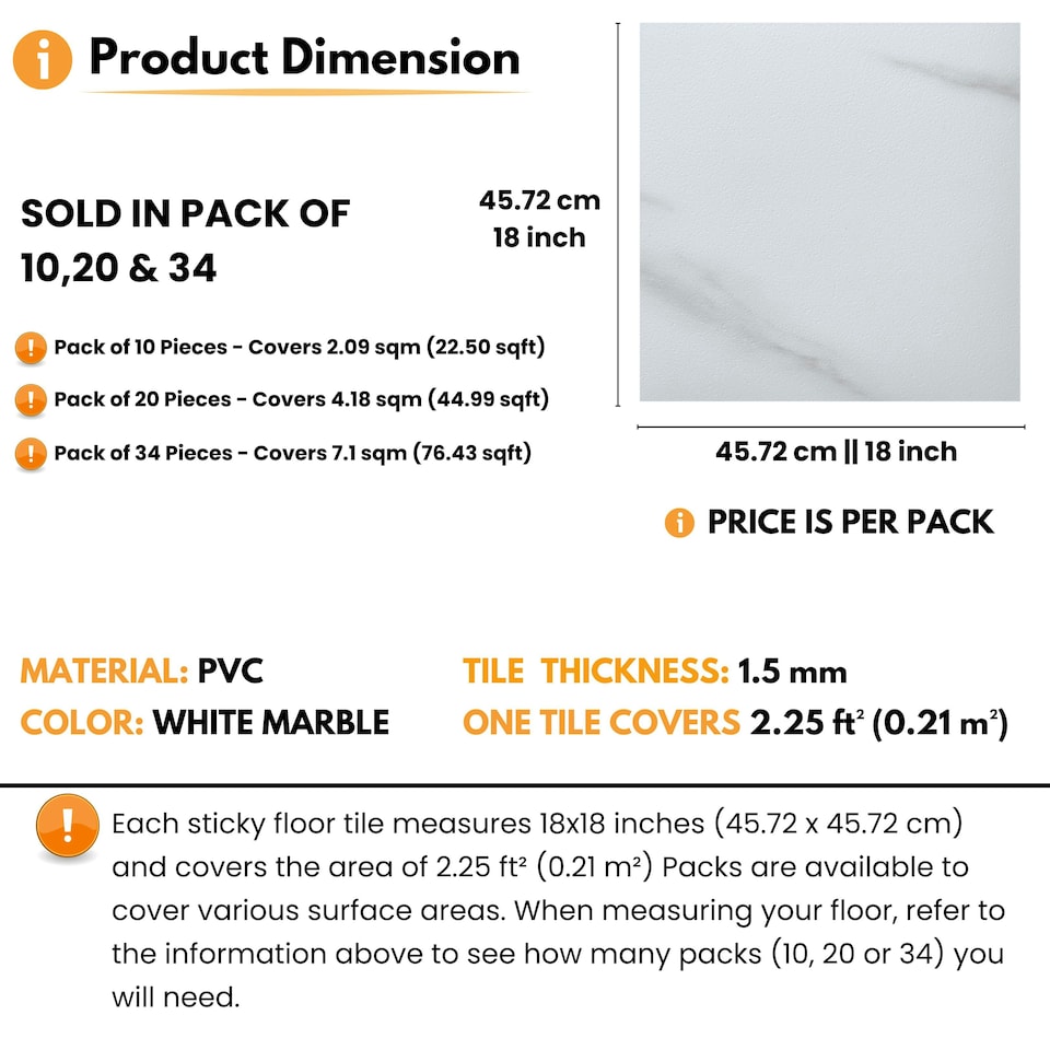 image 1 of NOVECRAFTO Vinyl Floor Tiles Self Adhesive – 18x18in Peel and Stick Waterproof Square Flooring for Kitchen, Bathroom & More – White Marble Design White | 4.17 sqm