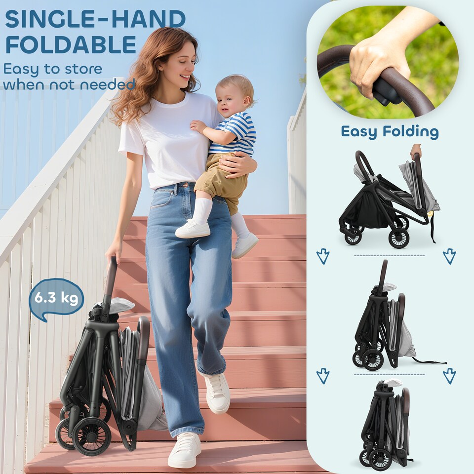 image 1 of AIYAPLAY Baby Stroller, Foldable Travel Pushchair with Adjustable Seat, 5-Point Harness, Canopy, All Wheels Suspension, Storage Basket, 6.3kg Lightweight & Compact, from Birth to 3 Years | Grey