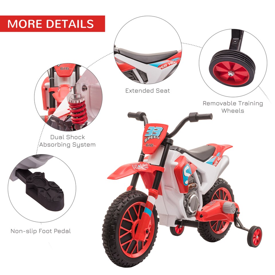 image 1 of HOMCOM Kids Electric Motorbike, 12V Battery Powered Kids Motorbike for Boys and Girls with Training Wheels, Start-up Button, Pedal, for Ages 3-5 Years - Red