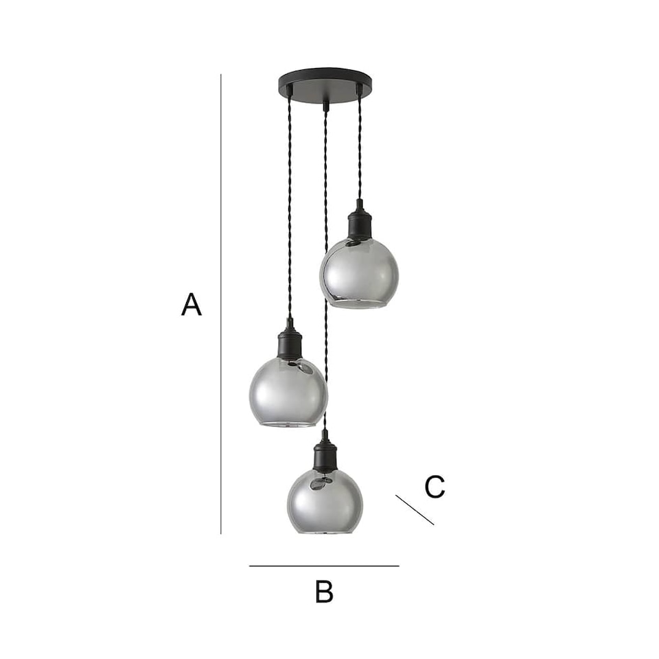 image 1 of ValueLights Bellamy Smoked Glass 3 Drop Cluster Black Pendant Light & Bulbs | Black