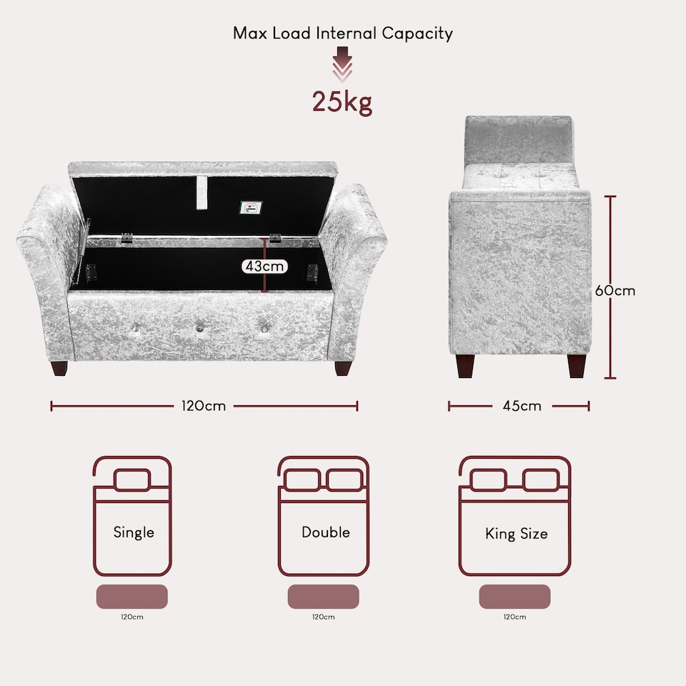 image 1 of Vida Designs Seville Storage Ottoman Bedroom Hallway Chest Bench, Crushed Velvet Silver | Silver | Silver