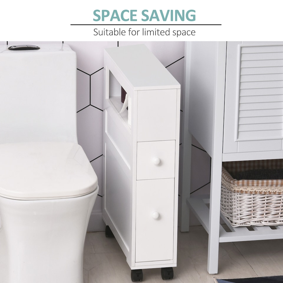 image 1 of HOMCOM 72x16cm Narrow Bathroom Storage Unit w  2 Drawers Open Top 4 Wheels Slimline Modern Rolling Home Organisation | White | White