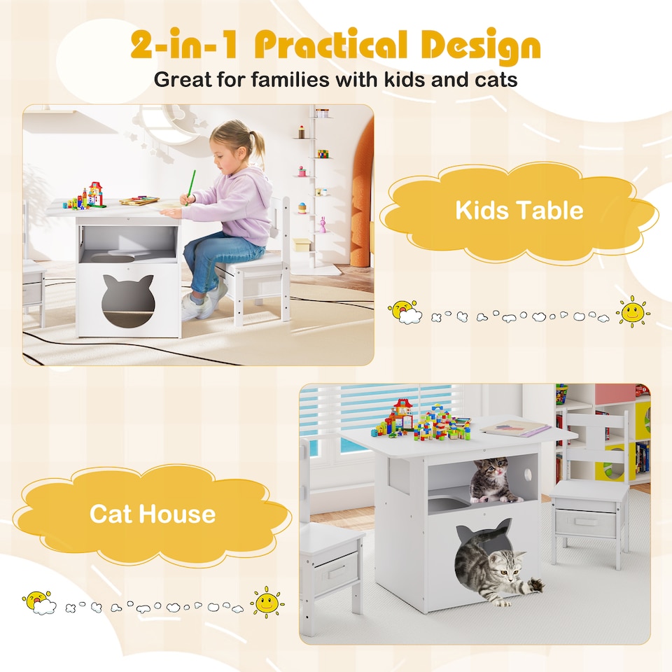 image 1 of COSTWAY Kids Table and Chairs Set with Cat House White