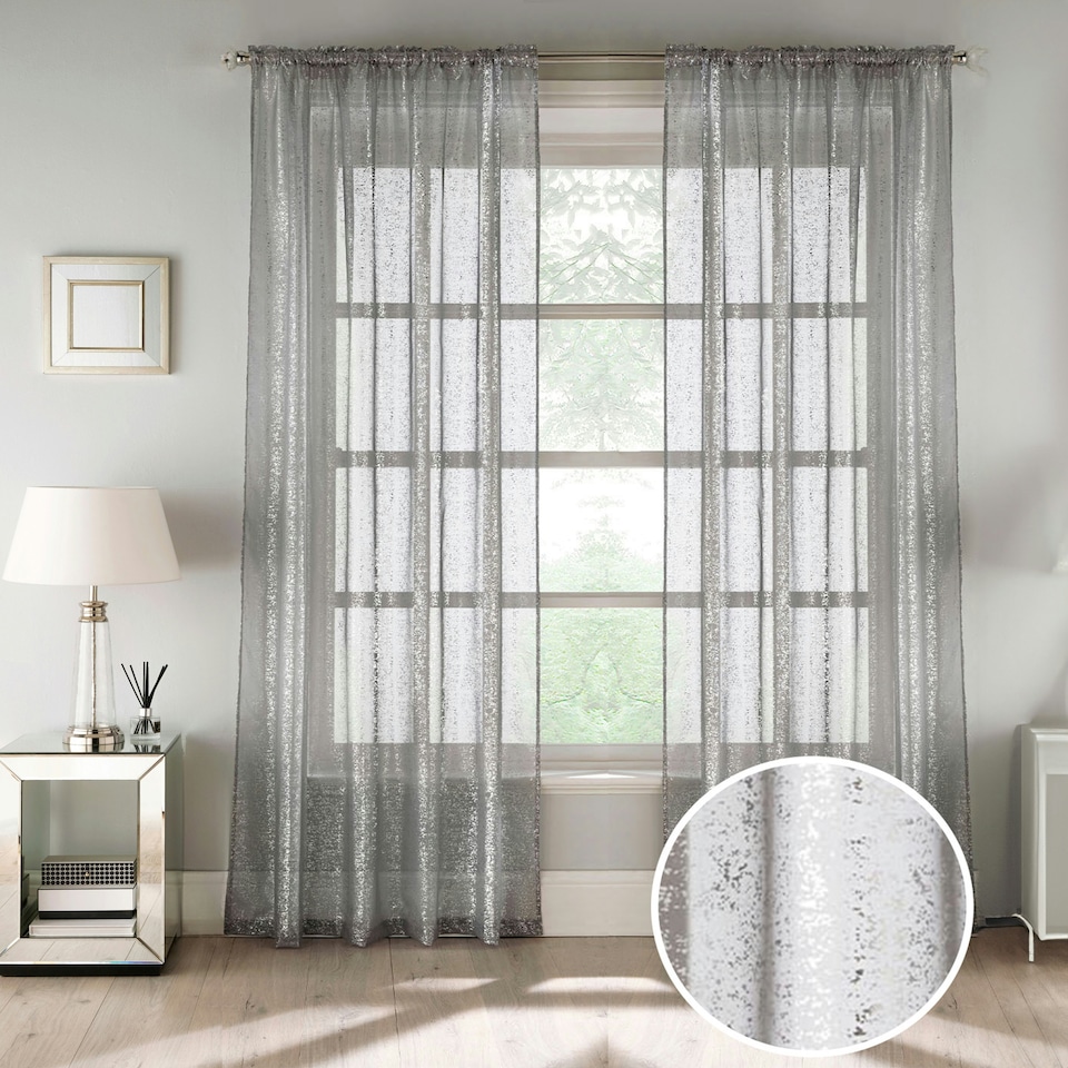 image 1 of Pair of Pandora Grey Metallic Print Voile Panels 137 cm (54 inch) Rod Pocket Panels for Bedroom and Living Room