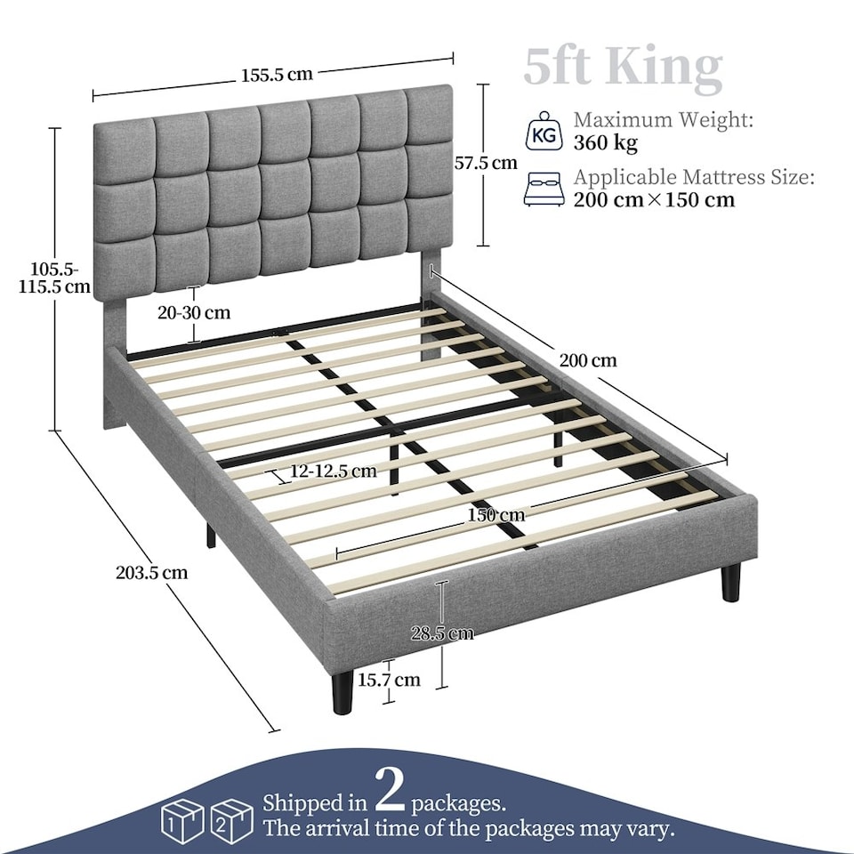 image 1 of Yaheetech 150 cm W × 200 cm L Upholstered Bed Frame Light Grey