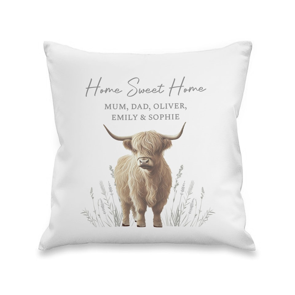 image 1 of Personalised Highland Cow Cushion | White